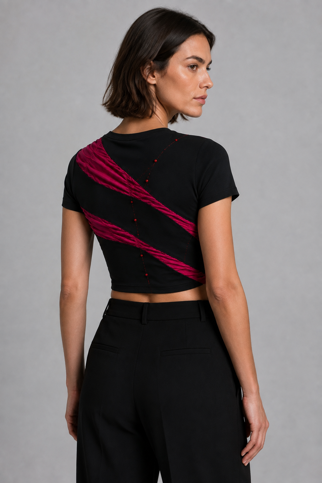 Asymmetric Shirred-Panel Crop Top