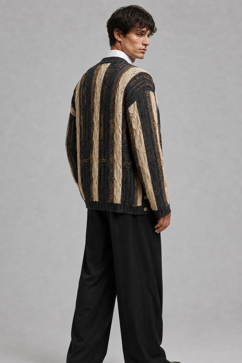Textured Cable-Knit Striped Cardigan