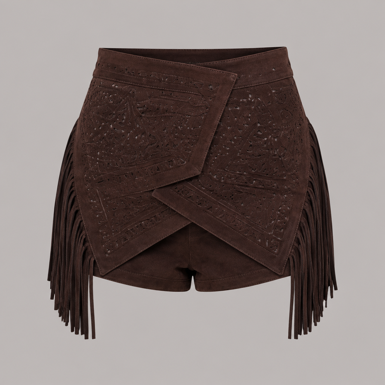 Laser-Cut Suede Fringe Skort